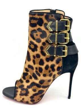 Christian Louboutin TRIBOCLOU PONY LEOPARD Suede Buckled Open Toe Boots Heels
